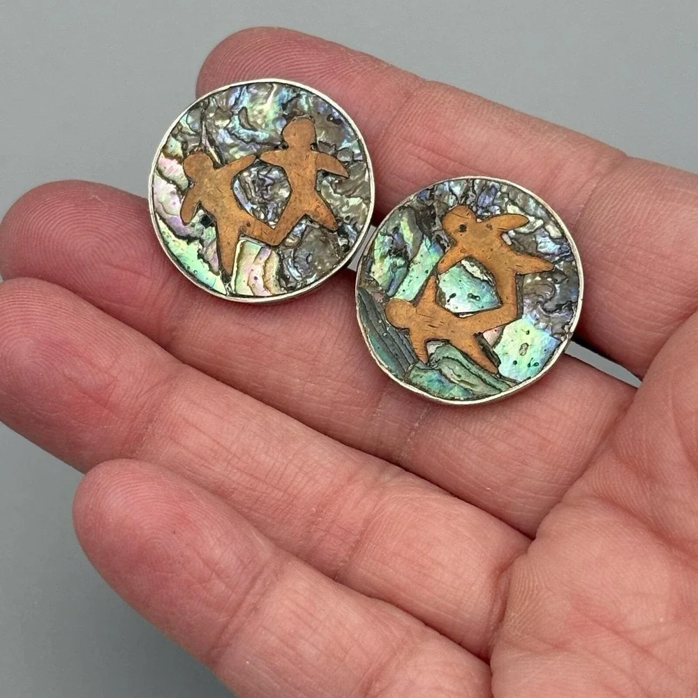 Vintage Sterling Silver Cufflinks Artisan Abalone Copper Figural Copper Taxco